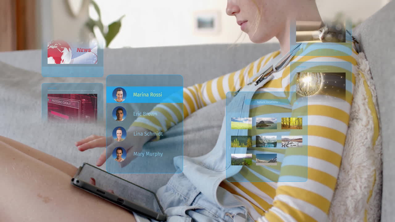 태블릿을 사용하는 백인 여성에 대한 ai 채팅 데이터 처리의 애니메이션