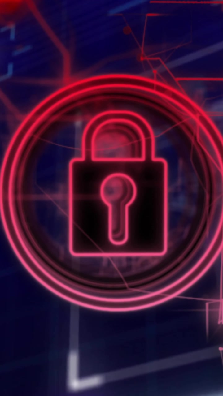 Icono de candado rojo brillante sobre animación de datos digitales y conexiones de red
