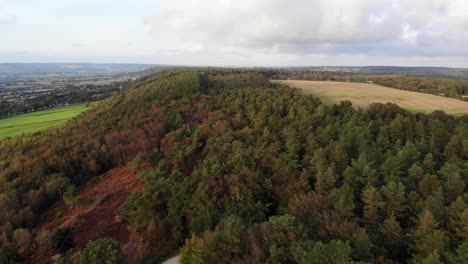 Toma-Aérea-Descendente-De-East-Hill-Strip-Devon,-Inglaterra,-Que-Muestra-Los-Colores-Otoñales-De-Los-árboles.