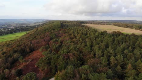aerial descending shot of east hill strip devon england showing the autumn colors of the trees