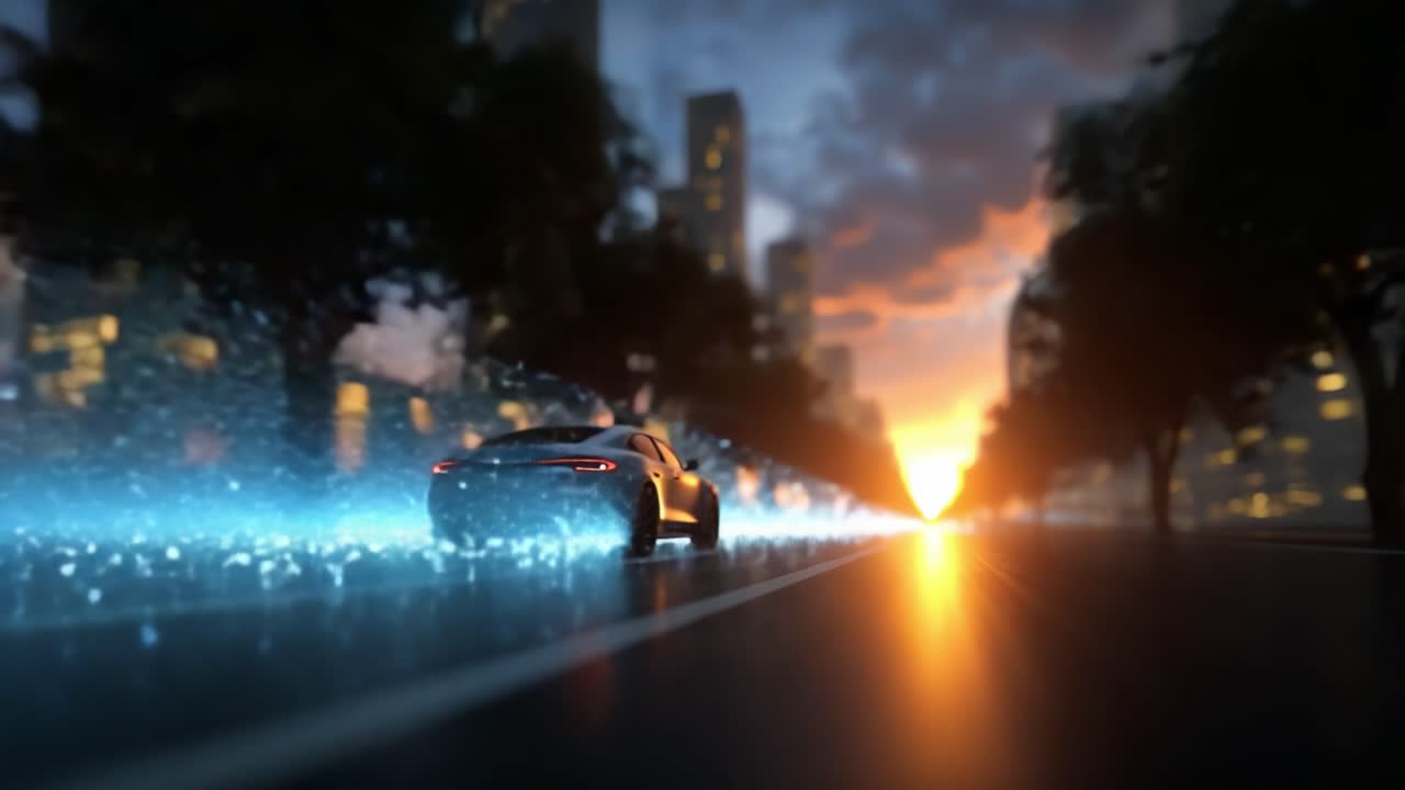 Un'auto elegante e ad alte prestazioni sfreccia lungo una strada cittadina al tramonto, lasciando una scia di luce scintillante tra le silhouette urbane e un cielo vivido.