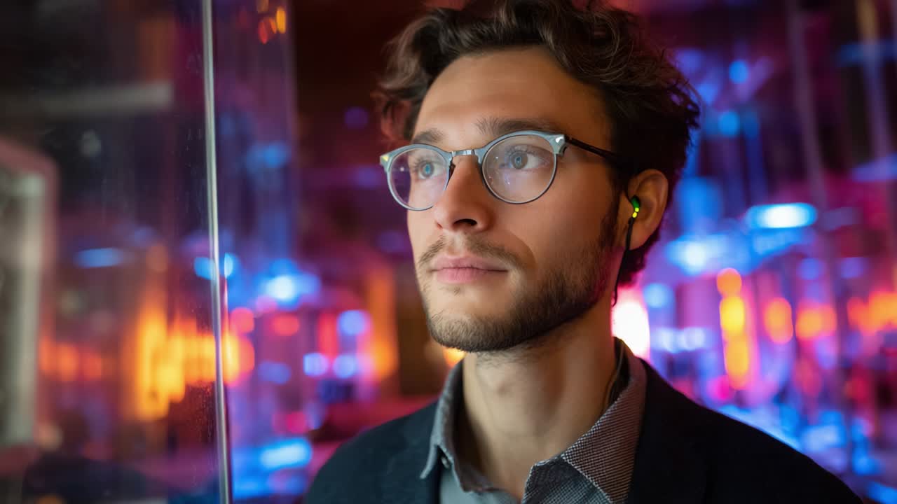 A Thoughtful Young Man Lost in Contemplation While Listening to Music, Surrounded by Vibrant Neon Lights and Reflections, Capturing a Moment of Introspection and Serenity in a Modern Urban Setting