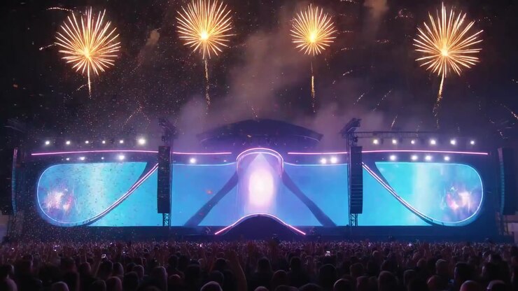 Launching fireworks, stage LED pulsing during concert finale, smoke drifting, crowd raising phones