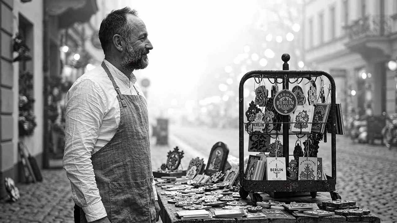 Un artigiano sorridente che espone creazioni fatte a mano in un mercato di strada nebbioso, catturando l'essenza della cultura e creatività locale in fotografia in bianco e nero