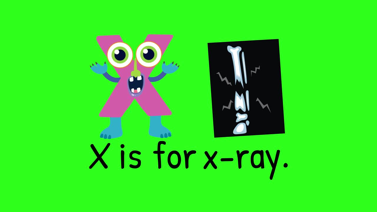 Bright, playful animation introducing the letter X with a colorful character and an X-ray image on a green background