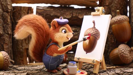 a cheerful squirrel artist creating a beautiful acorn painting in a charming woodland setting, captivating nature's beauty with every brush stroke
