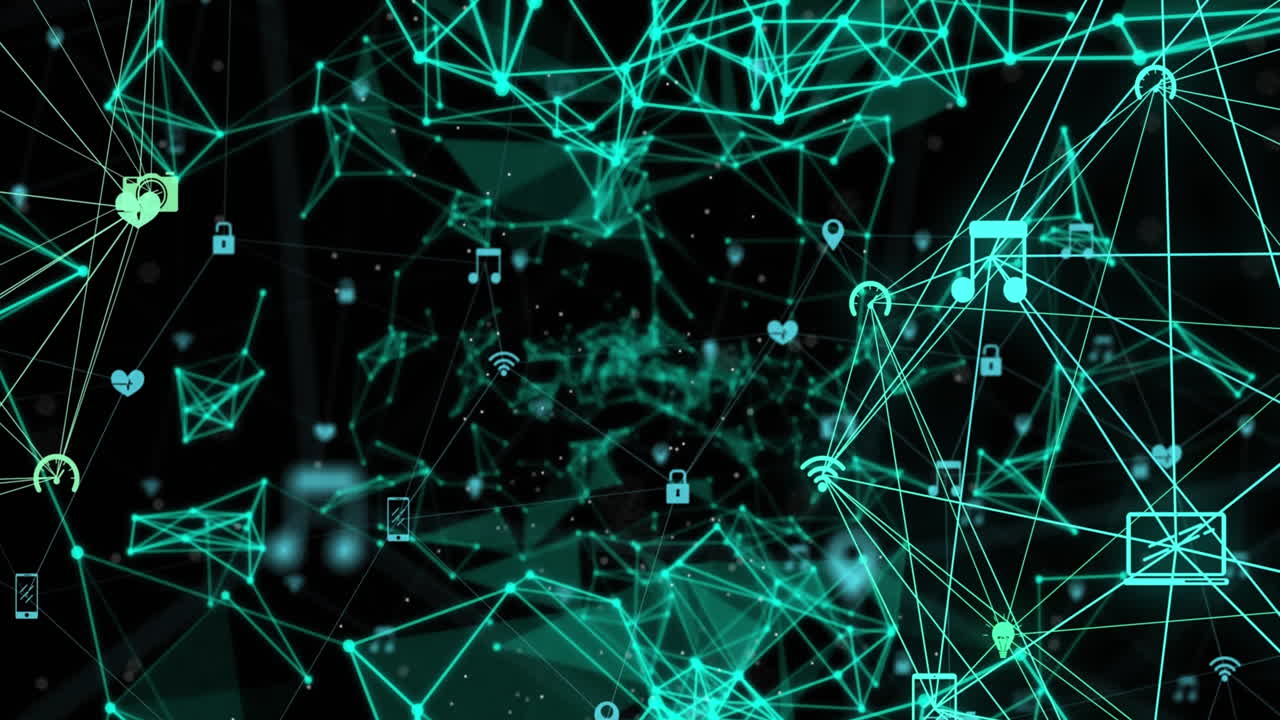 Animation of glowing network of digital icons and plexus networks against black background
