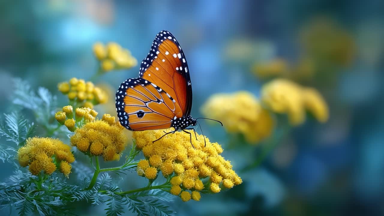 A Vibrant Monarch Butterfly Pausing Delightfully on Lush Yellow Flowers in a Serene Garden Setting, Capturing Nature's Beautiful Harmony and Grace
