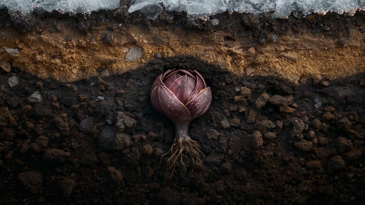 Swelling purple bulb reacting to light, lifting in frozen soil cross-section, showing root cluster