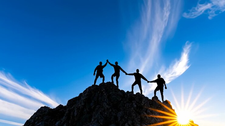 Friends at the mountain peak. Four friends stand together on a rock at sunset, reaching for each other's hands and celebrating their achievement
