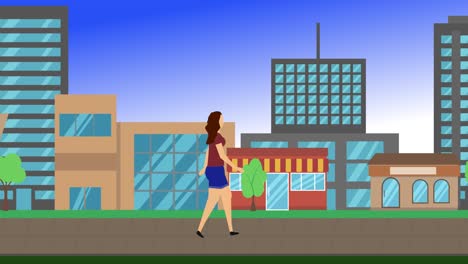 women walking cycle loop around of city background, flat cartoon design animation