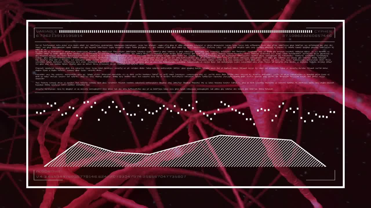 White overlay UI showing over red network animating text line graph rising fill for algorithm label
