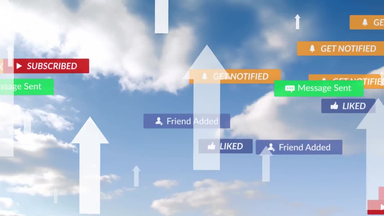 구름진 하늘 위에 떨어지는 소셜 미디어 아이콘과 이모티콘의 애니메이션