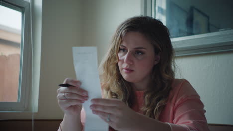 Woman-Stressed-Out-Looking-at-Bills-at-Kitchen-Table,-Unsure-of-What-to-Do