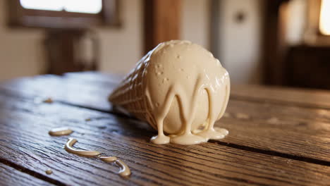 melted ice cream cone on a wooden table