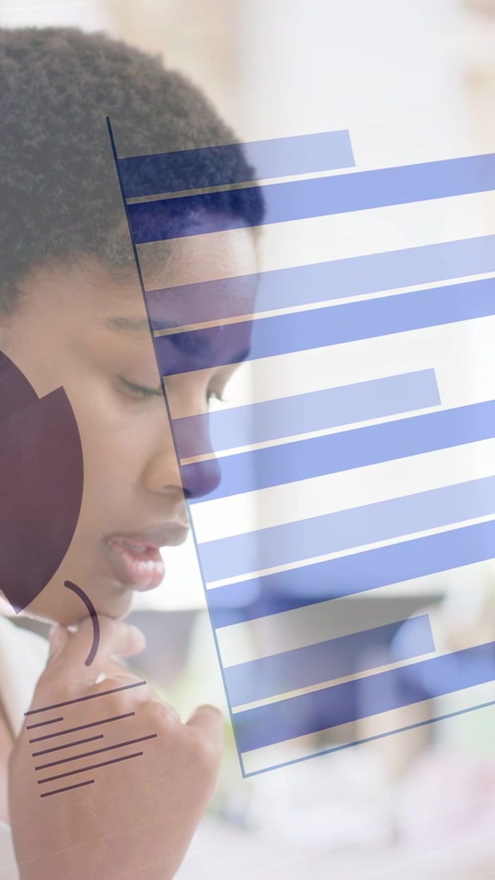 Vertical video: Analyst analyzing data dashboard refreshing, pie shifting into bars overlaying face