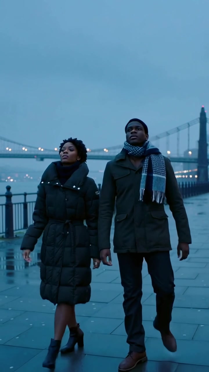 Vertical video: Frame one showing couple in coats walking along wet riverside, bridge lights