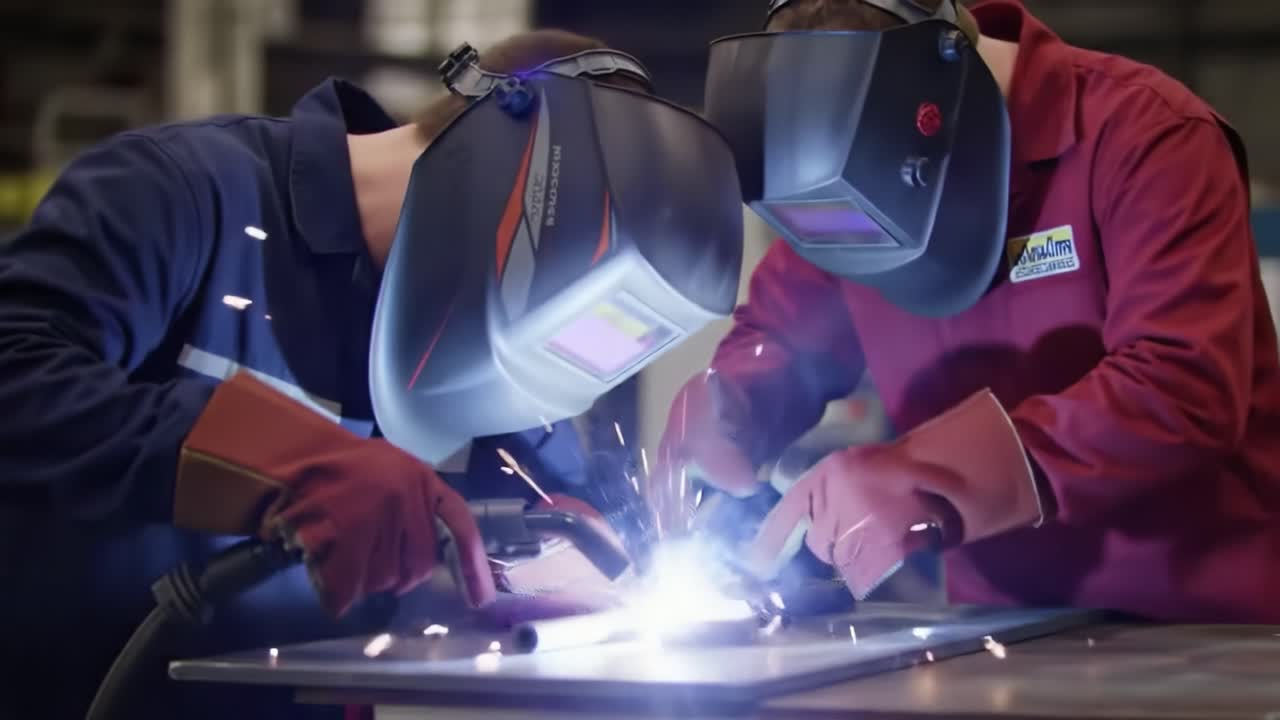 Two Welders Working on Metal