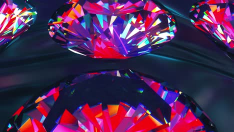 sparkling iridescent diamonds of fancy round cut style, slowly rotating. computer generated 3d render. beautiful background