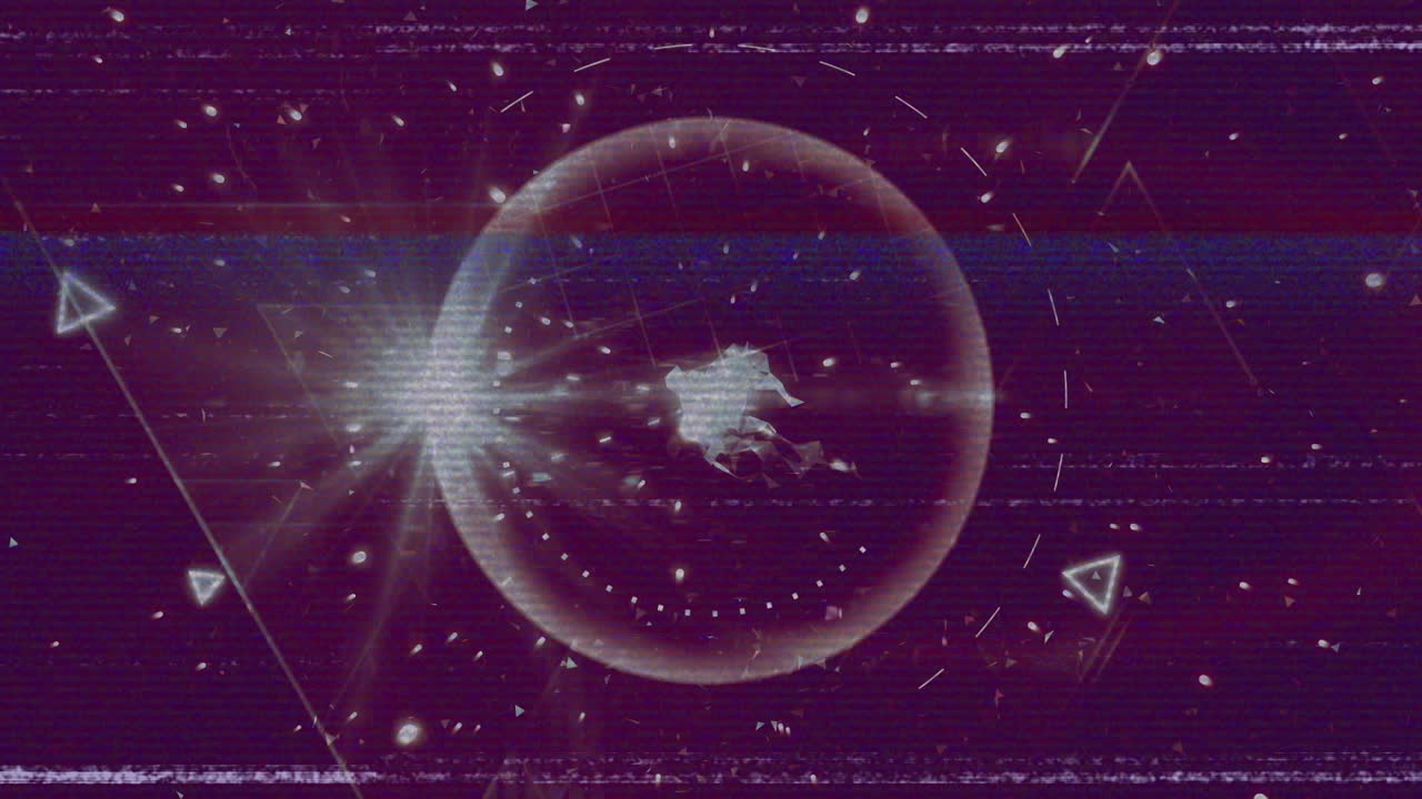 글리치 라인, 기하학적 형상 및 연결 네트워크와 함께 화면의 애니메이션