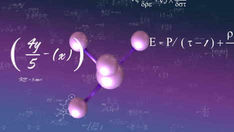 animación de macro de moléculas y procesamiento de datos matemáticos en fondo púrpura
