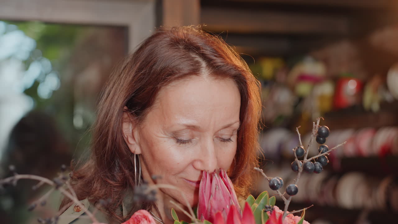 Fiorista sorridente che prepara un bouquet rosa, primo piano della scena del laboratorio con nastri e attrezzi, luce naturale calda, rose e tulipani delicati, espressione gentile mentre le mani modellano la composizione, piccola attività.