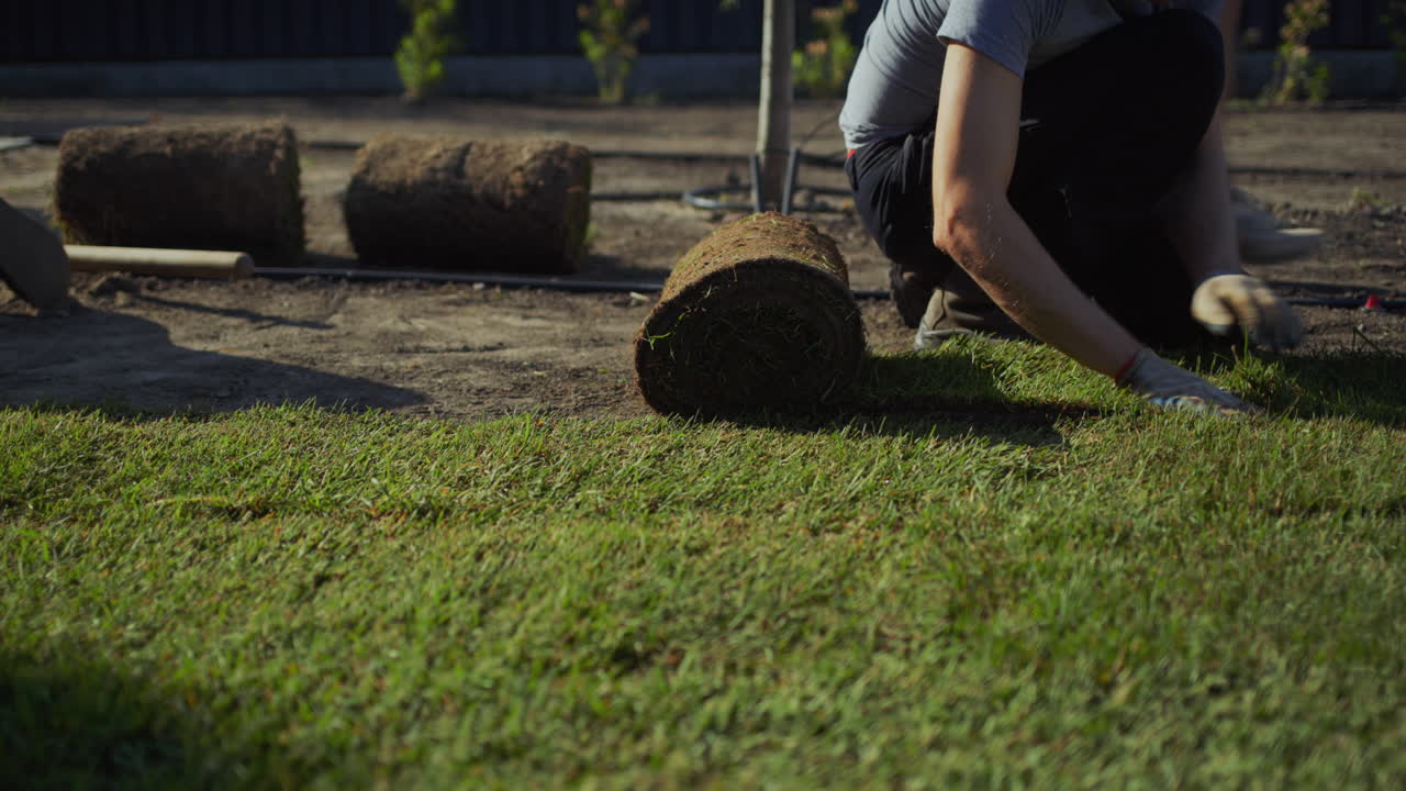 근로자 들 의 한 팀 이 집 의 마당 에 굴러진 잔디 ⁇  을 놓고 있다