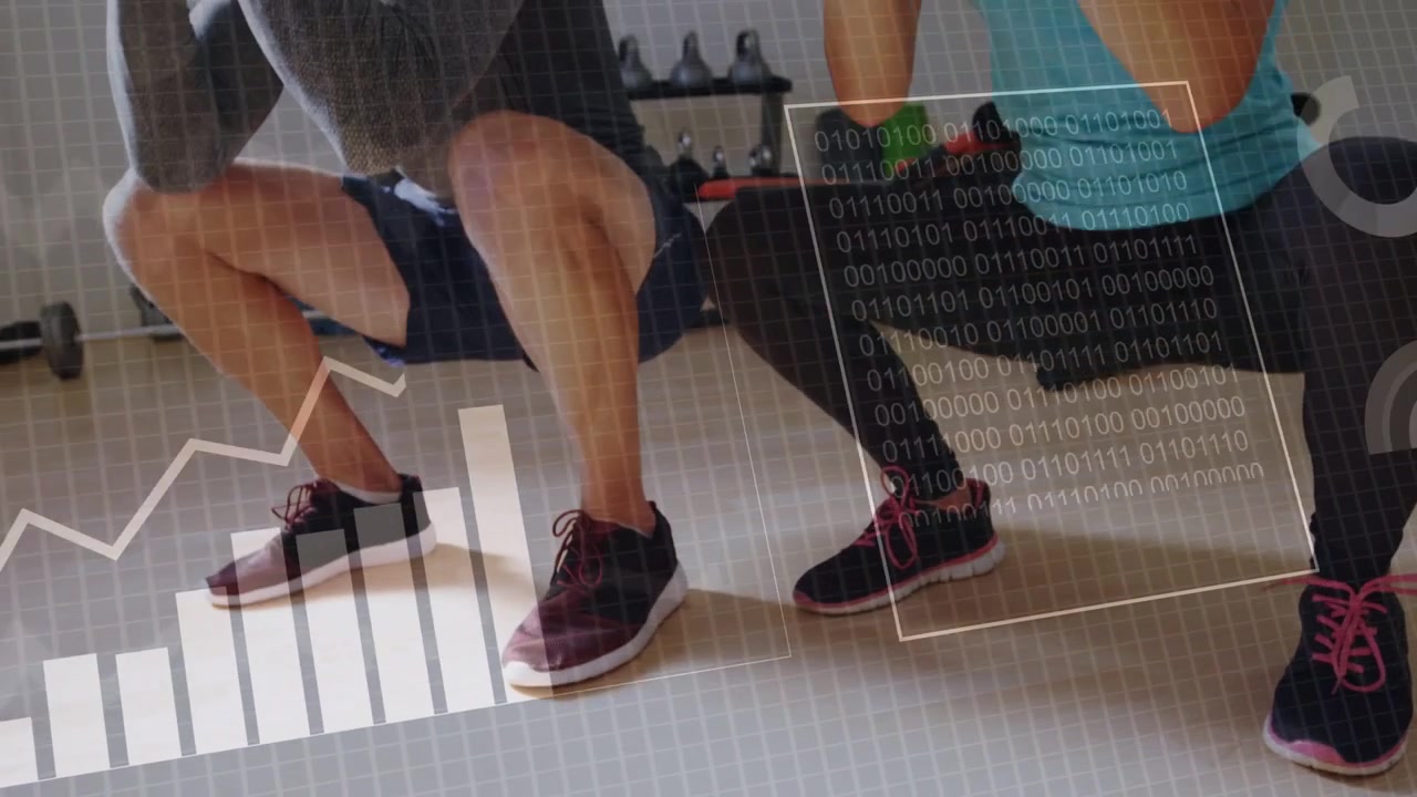 Fitness duo doing synced squats, HUD collecting data and overlaying charts on legs for training