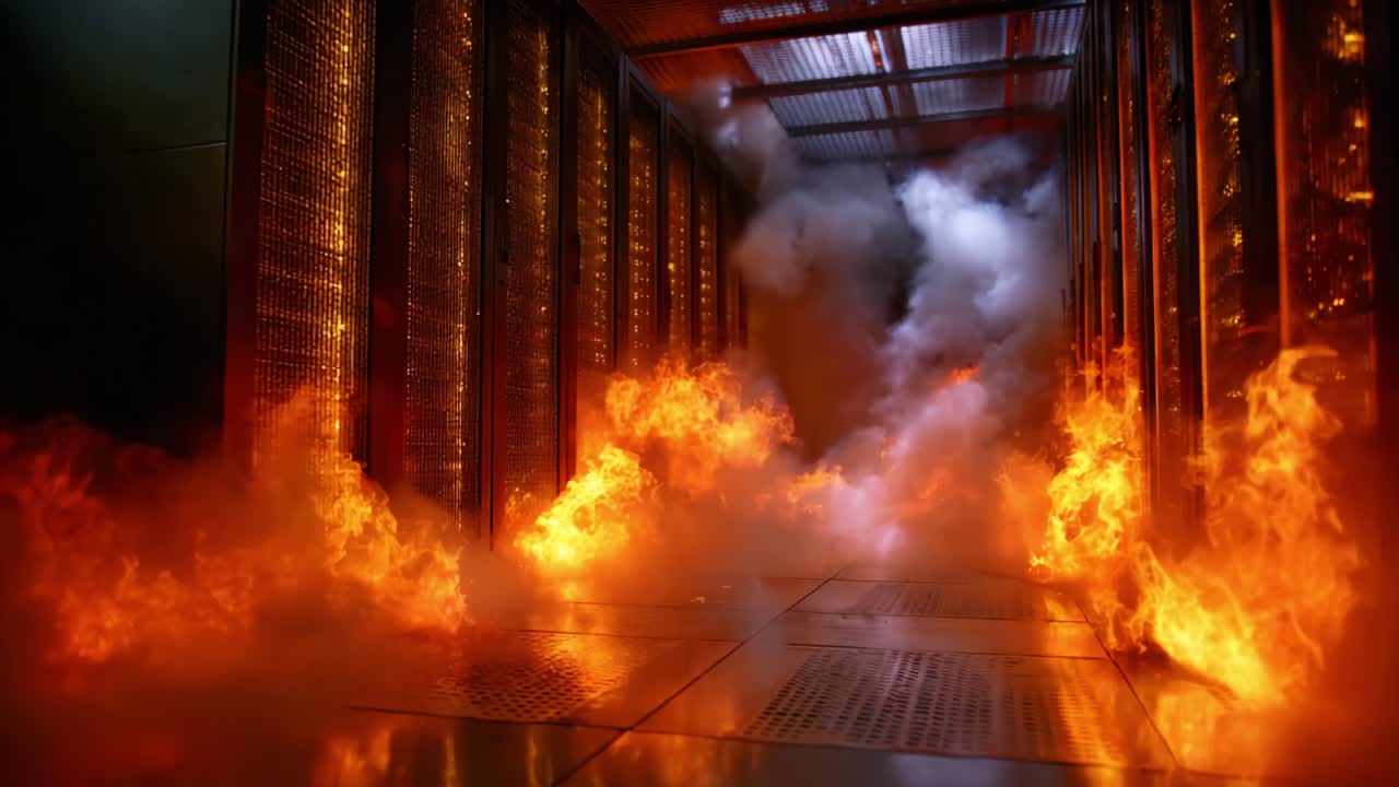 Intense Scene of a Data Center Undergoing a Devastating Fire with Thick ...