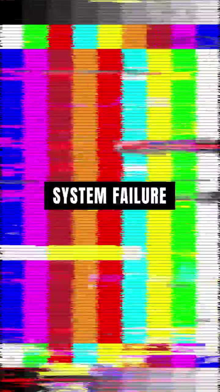 System Failure Text Overlay on Distorted Television Color Bars