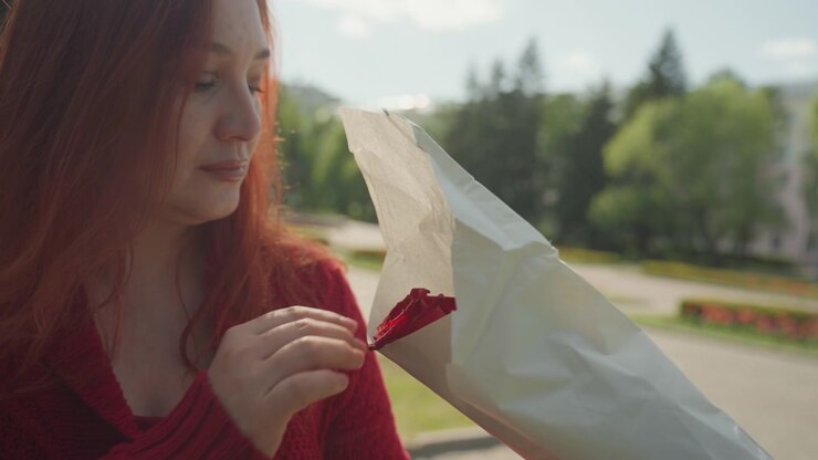Primo piano di una donna con lunghi capelli rossi che indossa un maglione di lana, mentre apre con cura un foglio bianco per rivelare dei fiori. La scena è ambientata all'aperto in una giornata di sole, con alberi verdi e in lontananza.