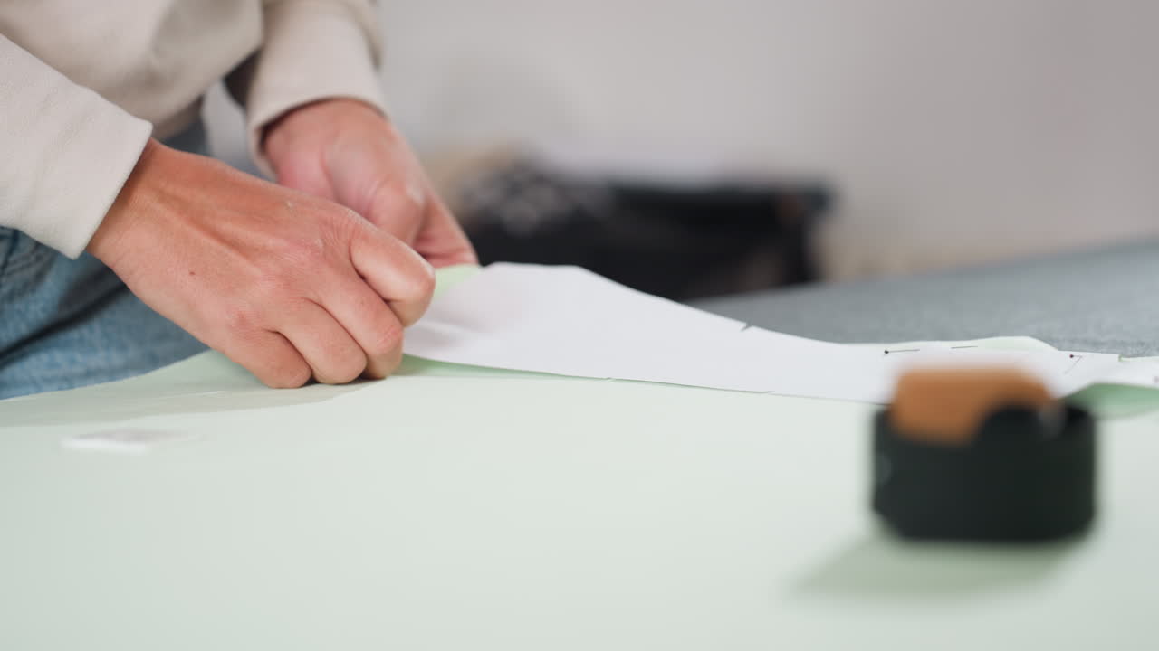 Cloth maker wearing milk colour top carefully holds fabric with push pin on workspace table while adjusting paper pattern layout over light green textile during professional garment preparation