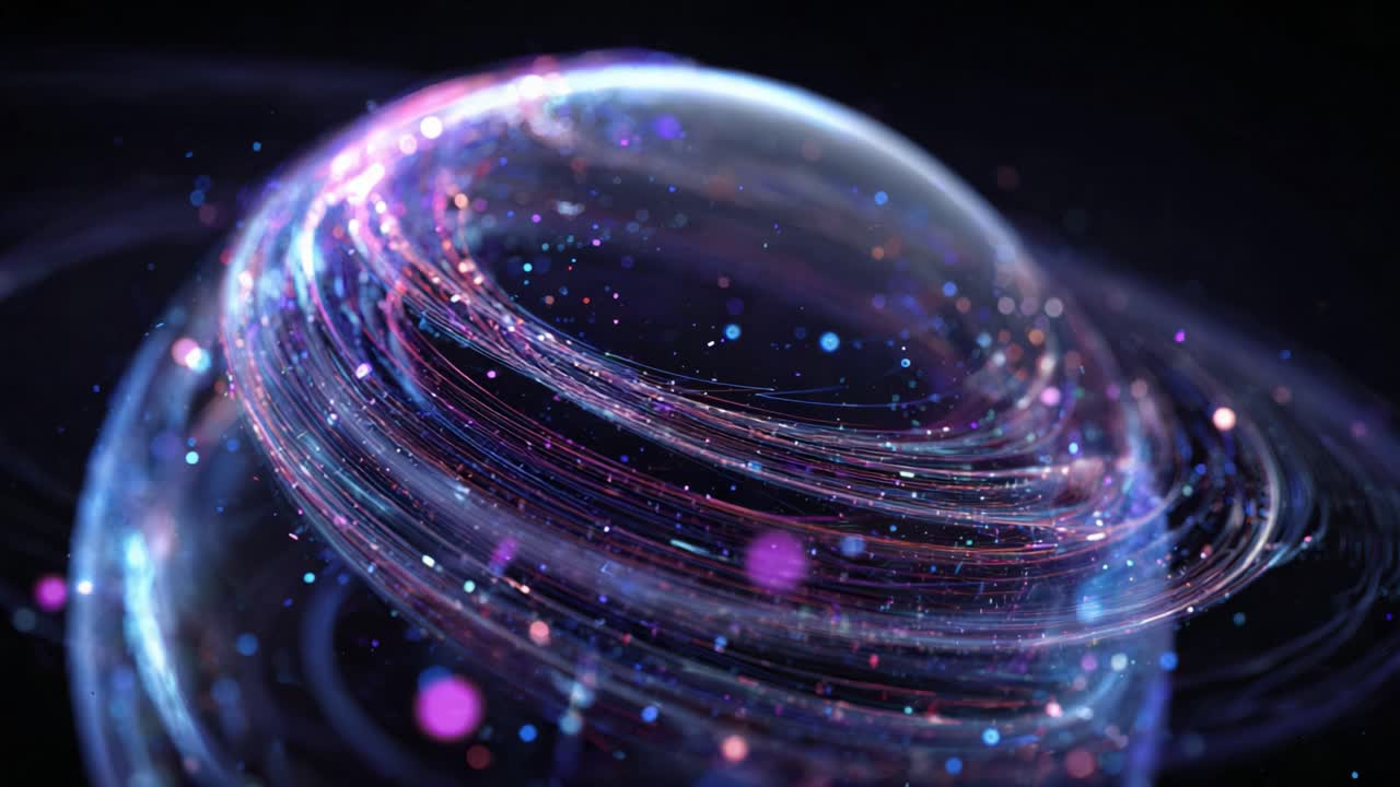 Futuristic abstract concept with glowing purple and blue particle trails and bokeh lights swirling around a transparent central orb on a dark background, representing data flow and innovation