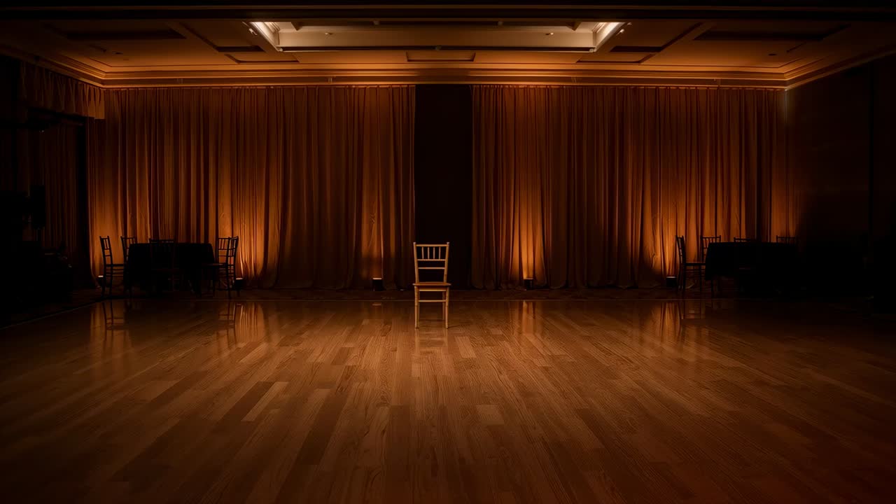 Lighting cue bringing focused spotlight onto single wooden chair in ballroom, isolating focal point