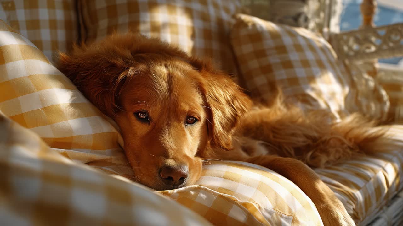 A lazy, golden retriever rests comfortably on a cozy couch adorned with gingham-patterned cushions, capturing the essence of relaxation and tranquility in a sunlit room
