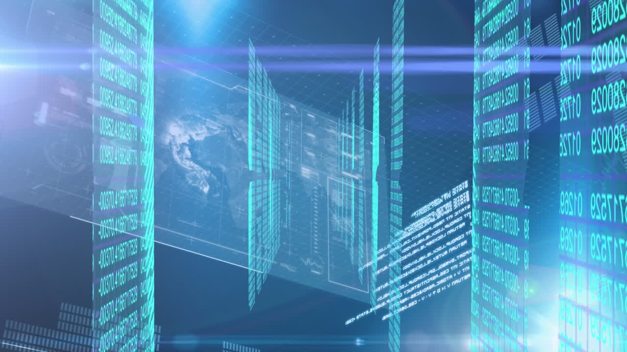 검은색 배경의 데이터 처리에 대한 빛의 흔적의 애니메이션