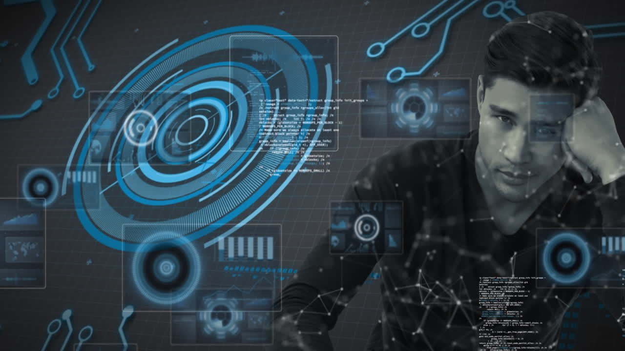 Animation of scope scanning and data processing over man looking in camera