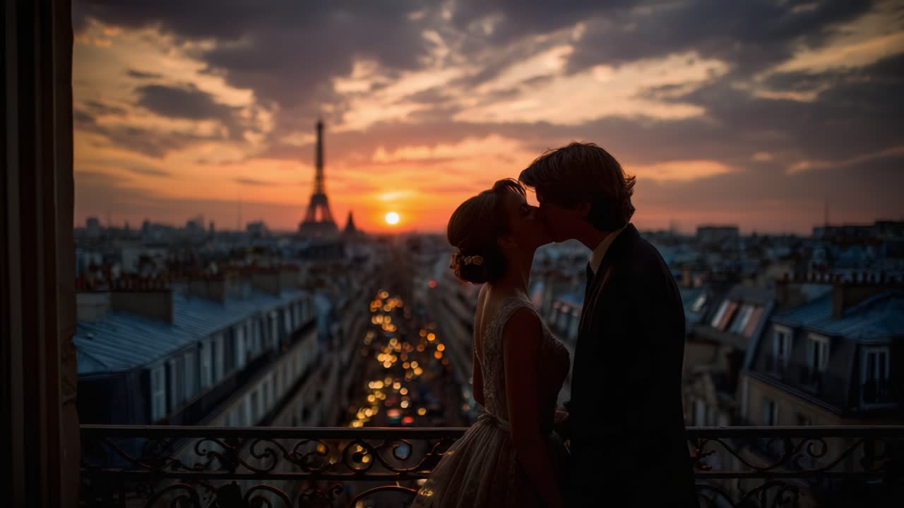 Romantischer Kuss bei Sonnenuntergang in Paris: Ein Paar teilt einen innigen Moment vor der Kulisse des Eiffelturms, der von einem atemberaubenden Sonnenuntergang über der Skyline der Stadt in Silhouette getaucht wird