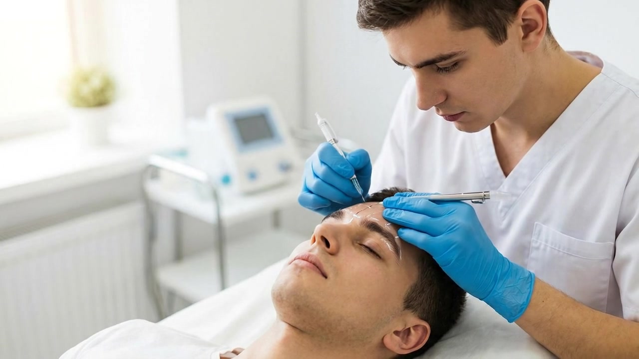 Dermatologo estetico che esegue una procedura sulla fronte su un paziente maschio