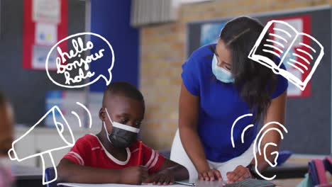 animation of school items icons over african american female teacher and schoolkid with face masks