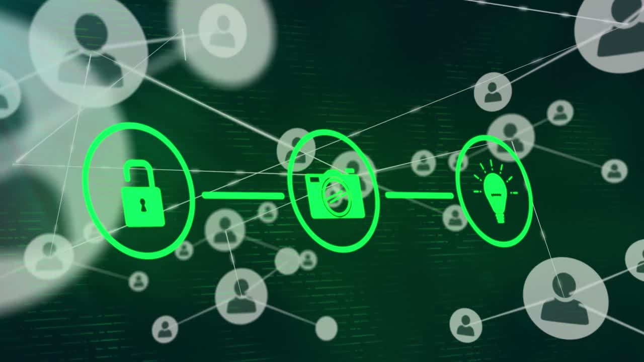 animación de los iconos del candado, la cámara y la bombilla que forman un diagrama de flujo sobre los iconos de perfil conectados