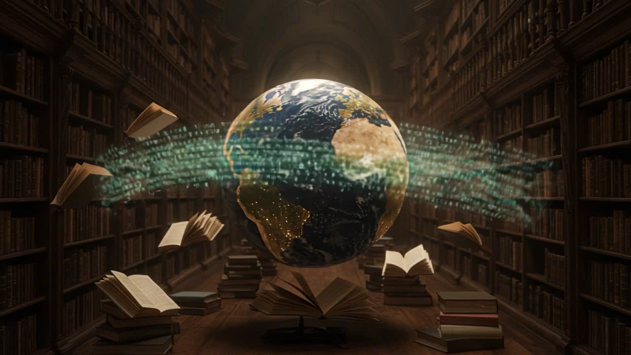 A Magical Collision of Knowledge and Technology: An Artistic Representation of the Earth Surrounded by Floating Books and Digital Data in a Grand Library Setting