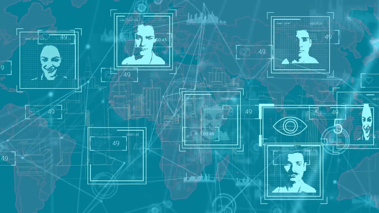 Animation of social media photos and reactions over connections on blue background