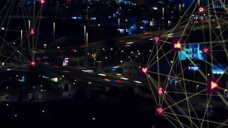 animación de iconos conectados que forman globos a lo largo del lapso de tiempo de vehículos en movimiento en el puente de la ciudad