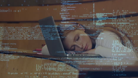 procesamiento de datos contra una estudiante caucásica con computadora portátil durmiendo en clase en la universidad