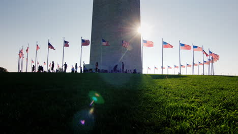 flags and visitors at base of washington monument