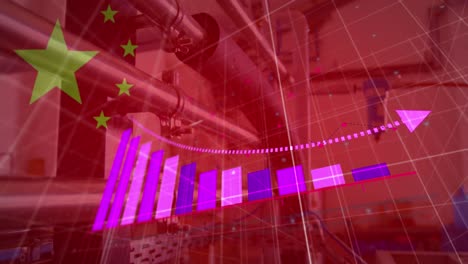 animation of financial data processing, flag of china over warehouse