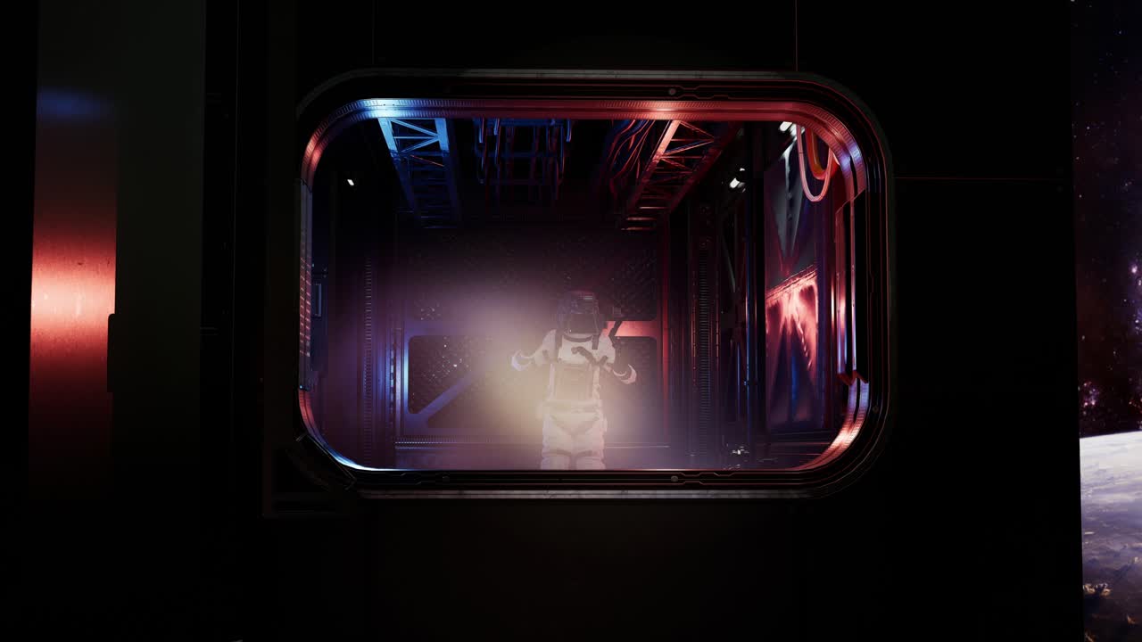 미래의 우주 복도에서 지구와 별들을 혼자 지켜보는 우주비행사, 창문으로 바라보는 3d 애니메이션