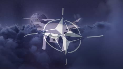 Animation-of-drone-and-clouds-over-flag-of-nato