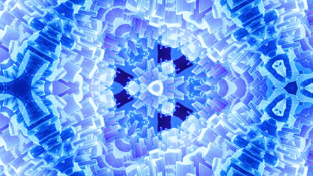 Smooth looped animation of 3d abstract soft matte shape like flower or mandala, symmetrical structure of blue purple velvet material interspersed sequins, changes shapes smoothly cyclical. Gradient